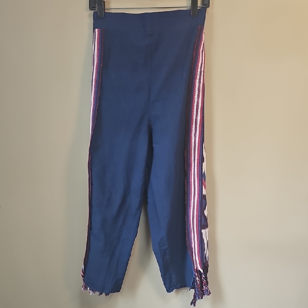 Navy Blue Boho Fringe Side-Strip Ikat Side Panel Pants